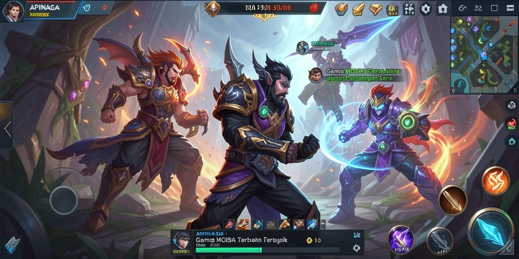 Tangkapan layar utama APINAGA menampilkan pertarungan seru dalam gameplay MOBA.