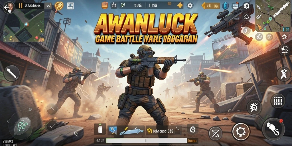 Screenshot utama AWANLUCK menunjukkan pertempuran seru di arena Battle Royale.
