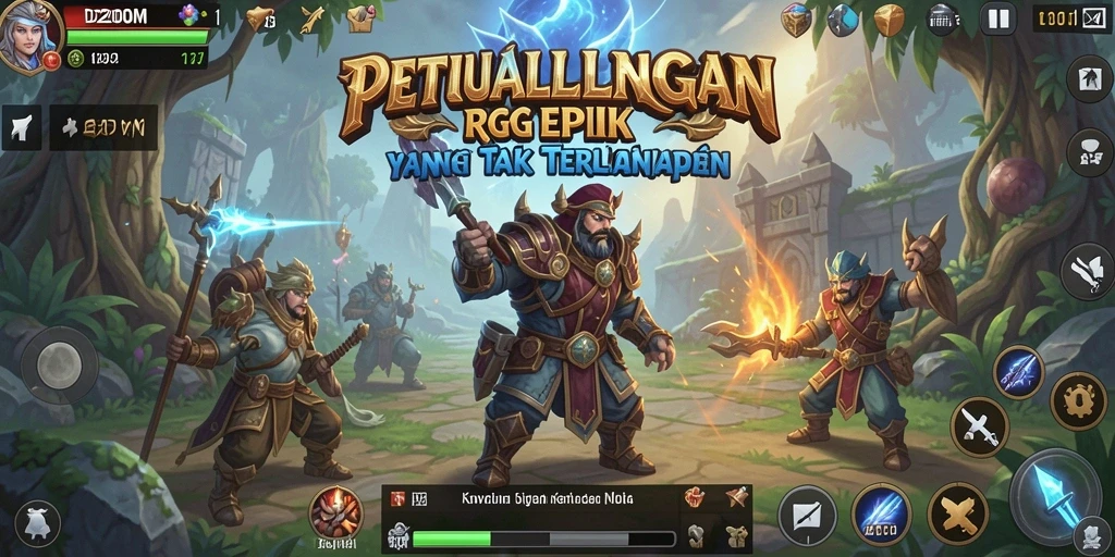 Screenshot utama D200M menampilkan aksi pertarungan yang mendebarkan di dunia RPG.