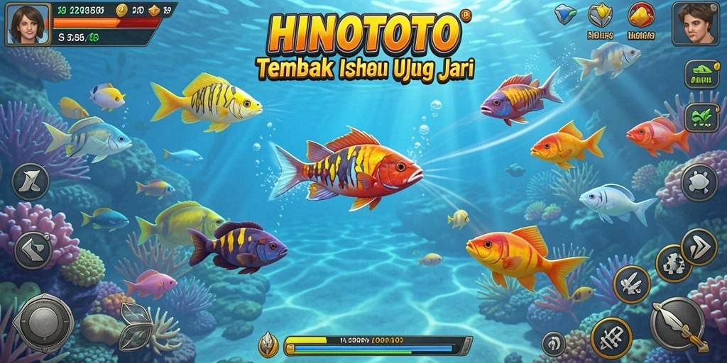 Screenshot menampilkan gameplay seru HINOTOTO dengan berbagai ikan yang bisa ditembak.