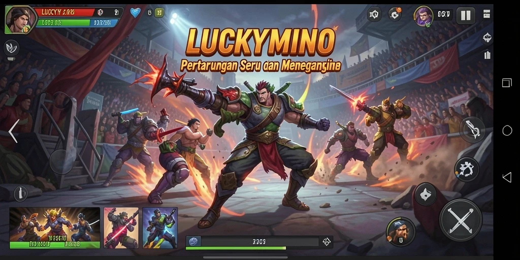 Tangkapan layar utama LUCKYMINO menampilkan pertarungan karakter yang mendebarkan.