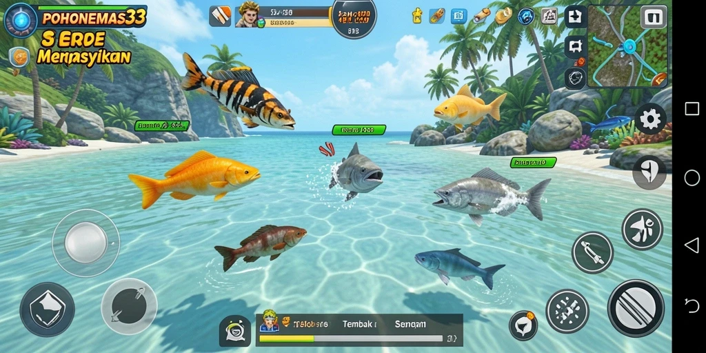 Screenshot gameplay POHONEMAS33 menampilkan aksi seru menembak ikan.