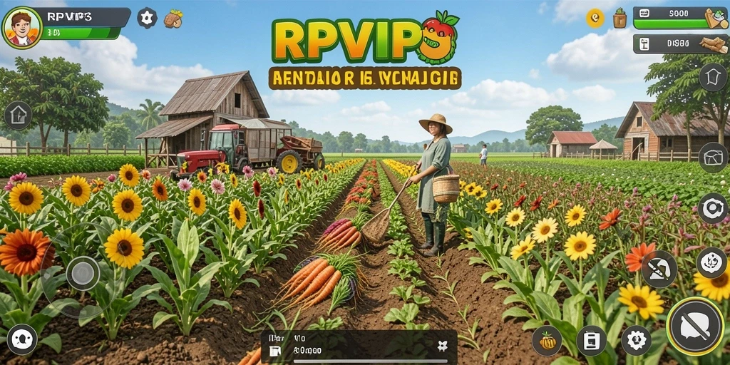 Screenshot utama RPVIP3 menunjukkan gameplay pertanian yang seru dan interaktif.