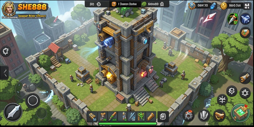 Screenshot menunjukkan gameplay menegangkan di SHE888 Tower Defense.